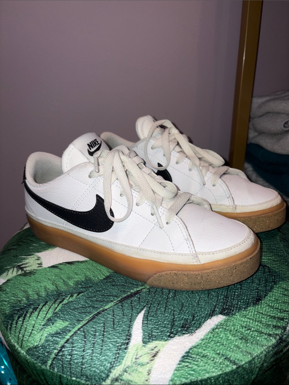 Nike White Leather Low-Top Sneakers with Black Swoosh and Gum Sole 36.5